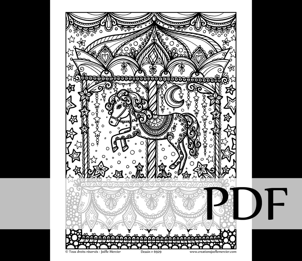 Téléchargement instantané - PDF à imprimer et colorier - CARROUSEL #6929, cheval, manège